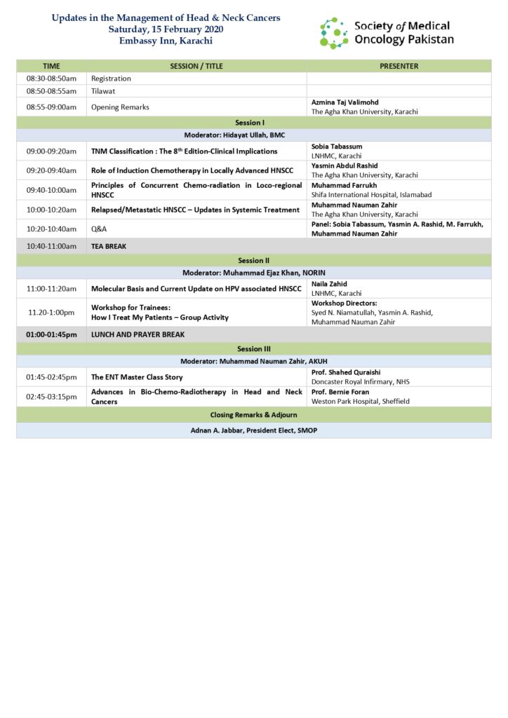 Updates in the Management of Head & Neck Cancers Saturday, 15 February 2020 Embassy Inn, Karachi